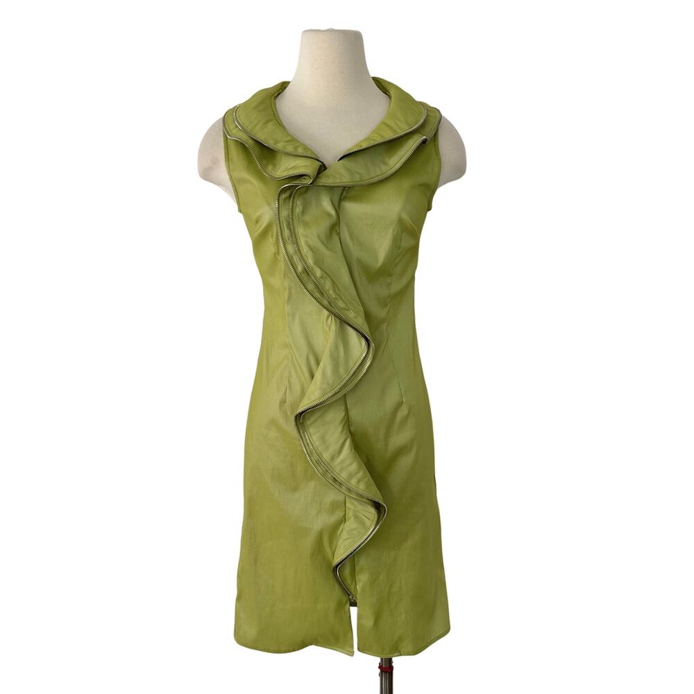 Samuel Dong Double Collared Sleeveless Front Zip Mini Dress Chartreuse Green S